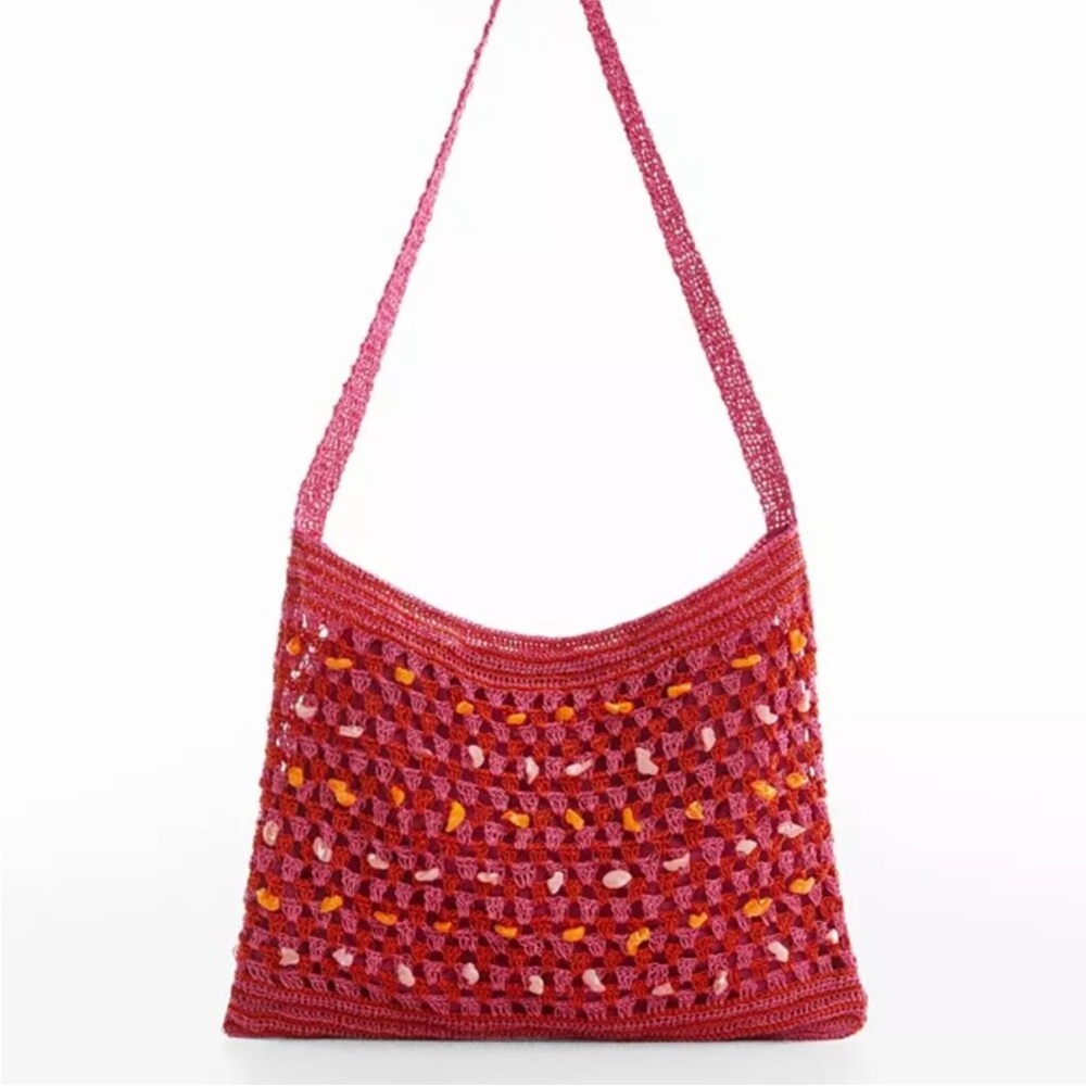 NWOT Mango Handwoven Pink Shoulder Bag with Yellow Accents
